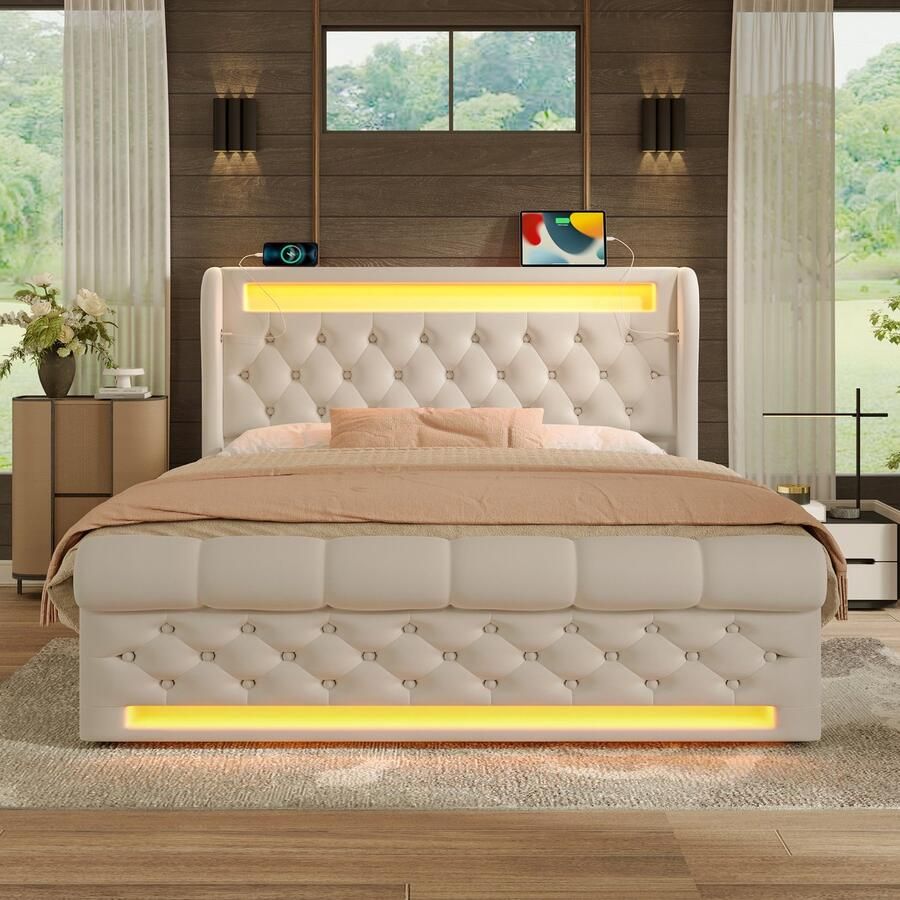 Merax Gestoffeerd bed tweepersoonsbed 140x200 cm met LED-verlichting met USB- en Type-C-poorten met opbergruimte beige zonder matras