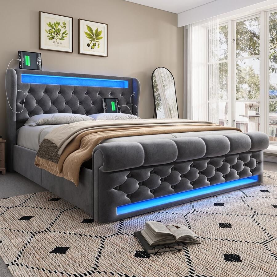 Merax Gestoffeerd bed tweepersoonsbed 160x200 cm met LED-verlichting met USB- en Type-C-poorten met opbergruimte grijs zonder matras