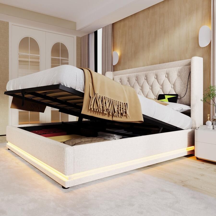 Merax Gestoffeerd bed tweepersoonsbed 160x200 cm met USB Type-C opladen met LED-verlichting matras niet inbegrepen beige linnen