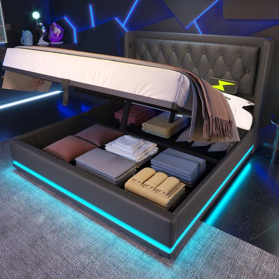 Merax Gestoffeerd bed tweepersoonsbed 160x200 cm met USB Type-C opladen met LED-verlichting zonder matras zwart PU