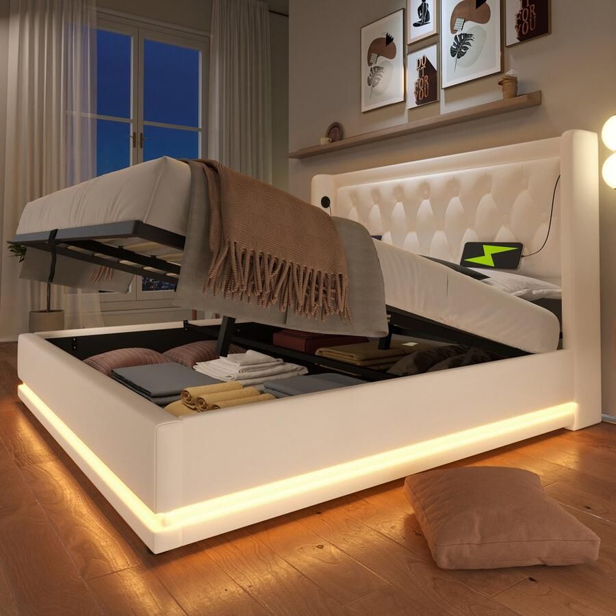 Merax Gestoffeerd bed tweepersoonsbed 160x200 cm met USB Type-C opladen met LED-verlichting zonder matras wit PU