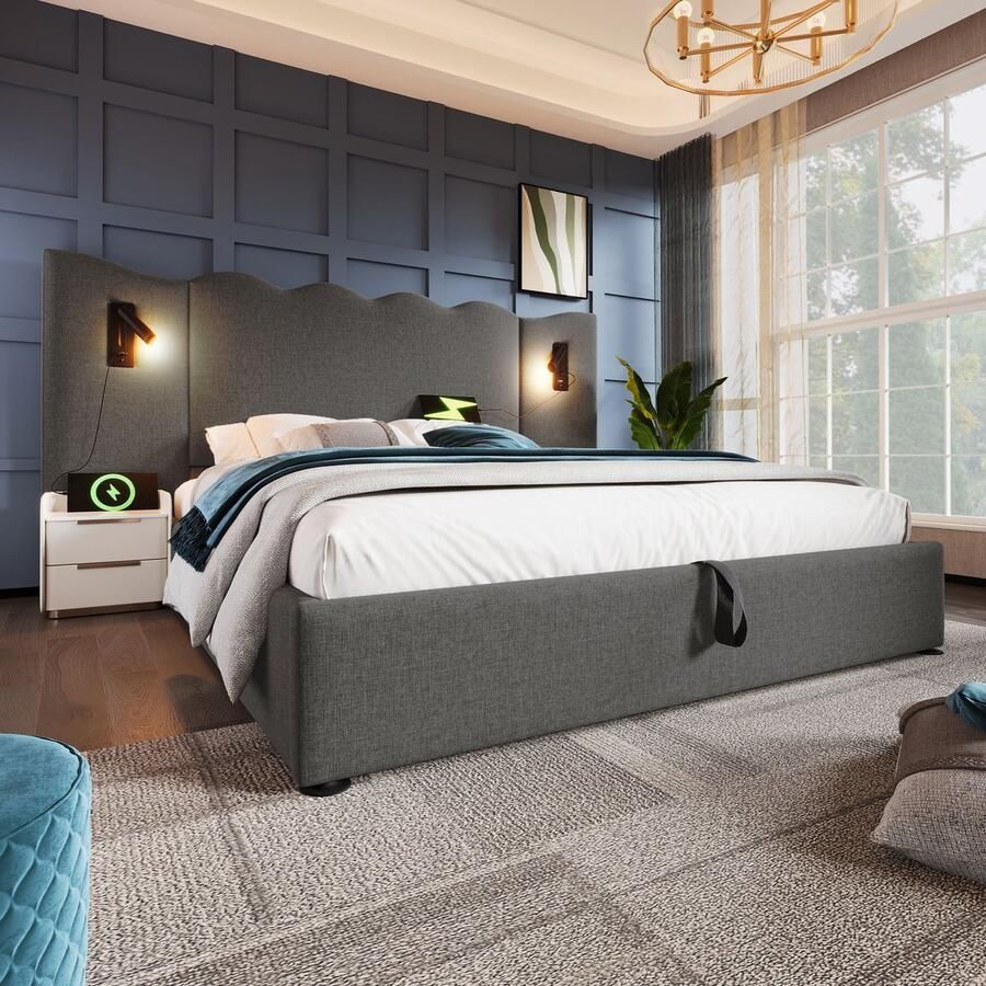 Merax Gestoffeerd bed tweepersoonsbed 160x200cm met leeslampje en USB Type-C opladen met opbergruimte grijs linnengoed zonder matras