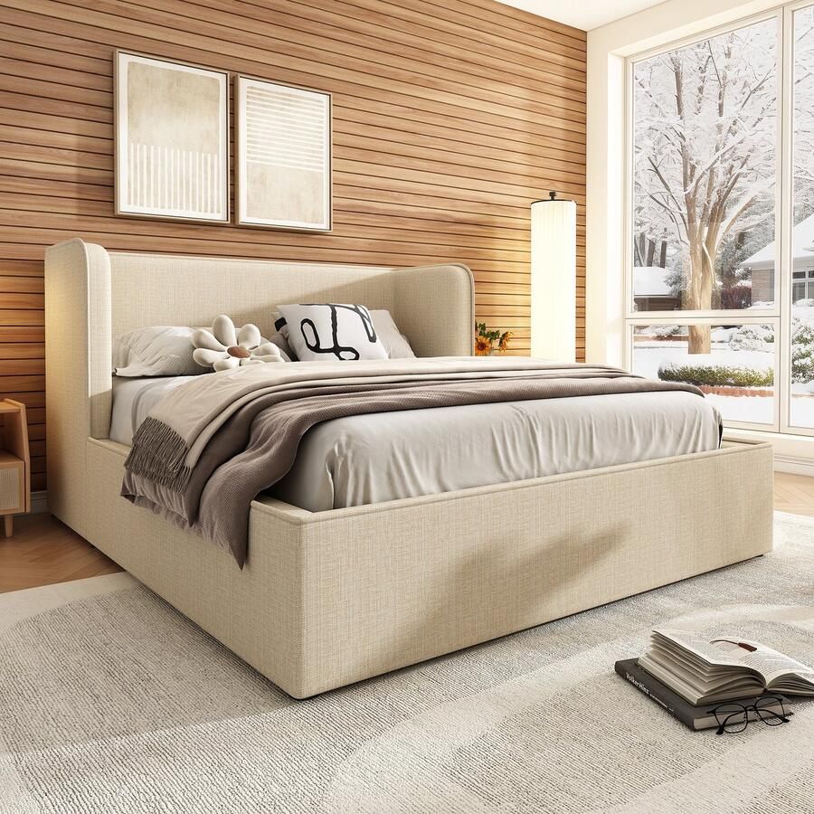 Merax Gestoffeerd bed tweepersoonsbed 180x200 cm met opbergruimte zwart frame brede zijsteunen en beige afneembare lakenhoes zonder matras
