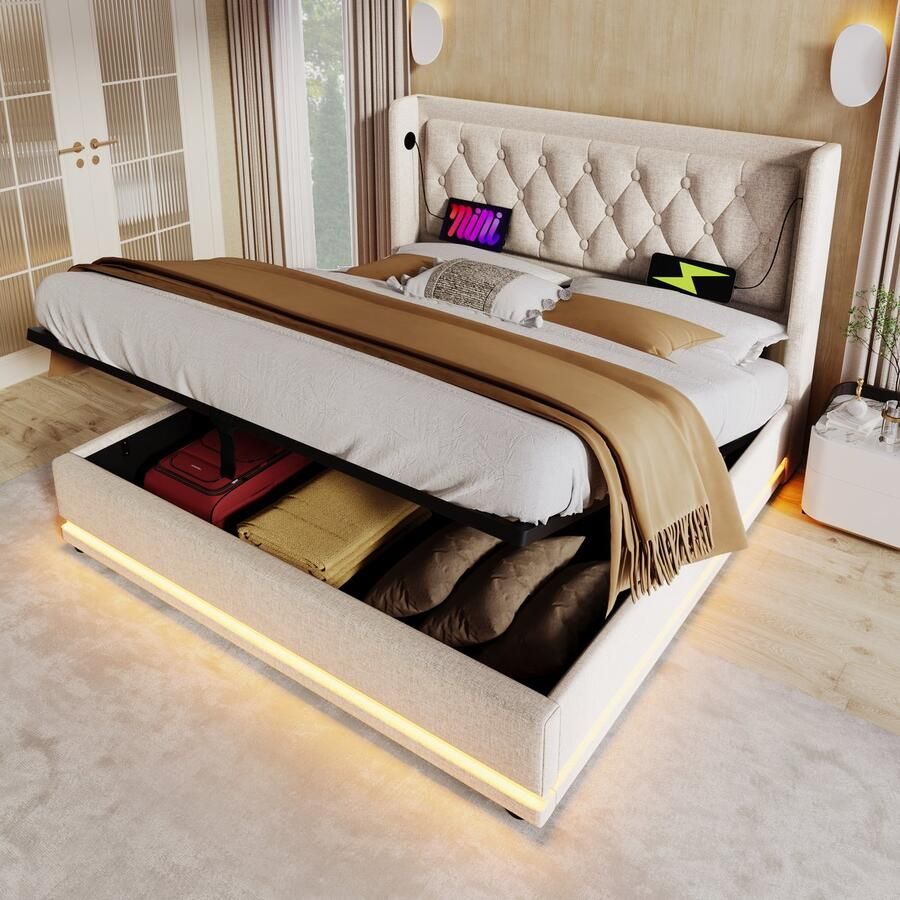 Merax Gestoffeerd bed tweepersoonsbed 180x200 cm met USB Type-C opladen met LED-verlichting matras niet inbegrepen beige linnen