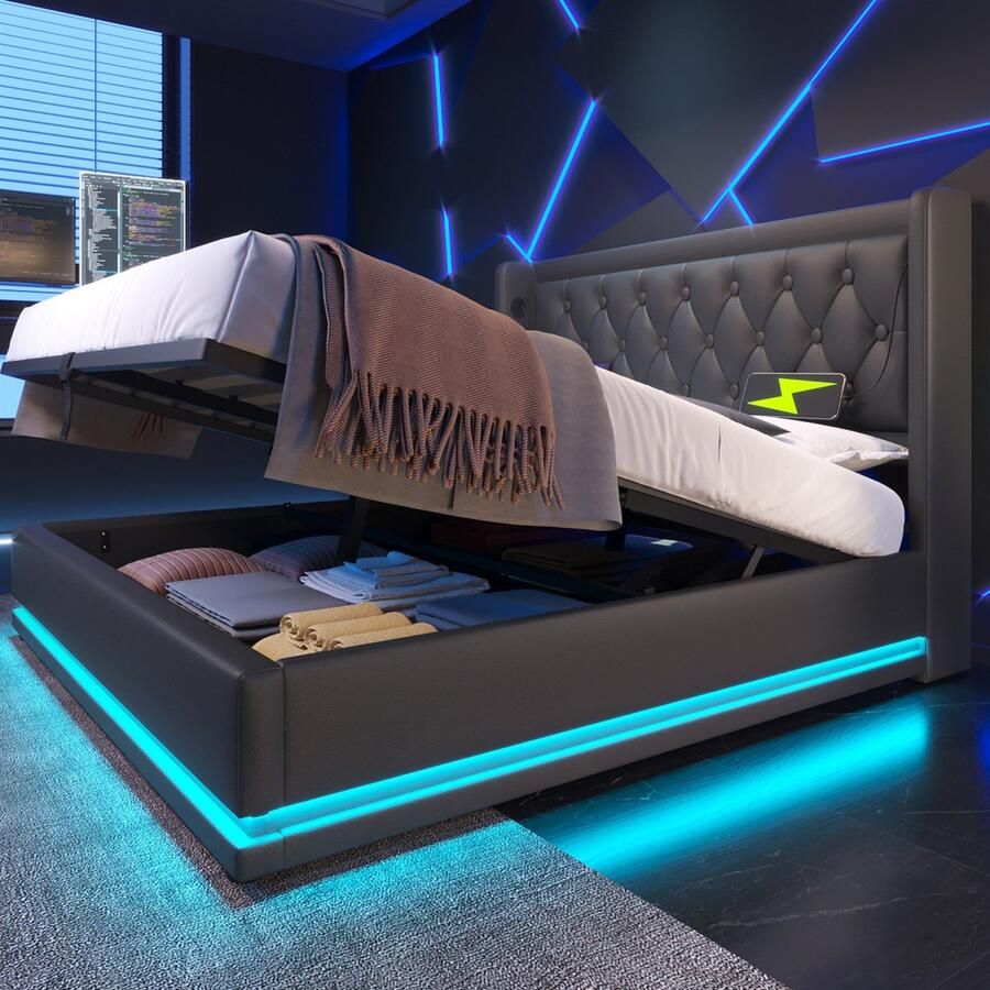 Merax Gestoffeerd bed tweepersoonsbed 180x200 cm met USB Type-C opladen met LED-verlichting zonder matras zwart PU