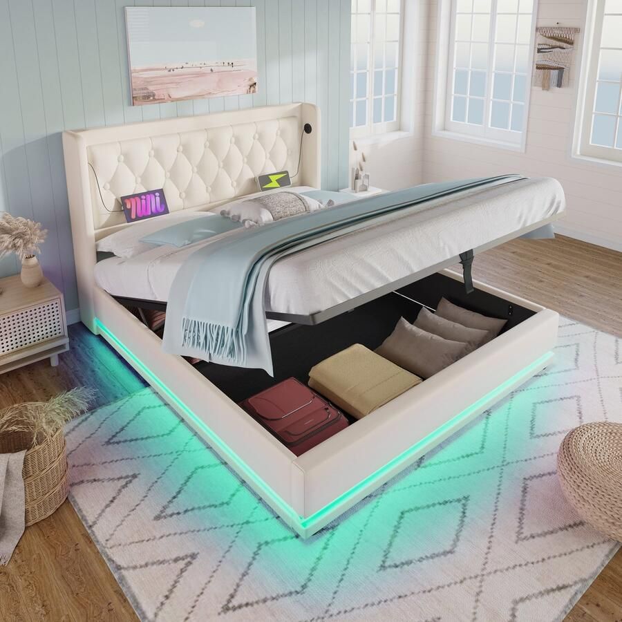 Merax Gestoffeerd bed tweepersoonsbed 180x200 cm met USB Type-C opladen met LED-verlichting zonder matras wit PU