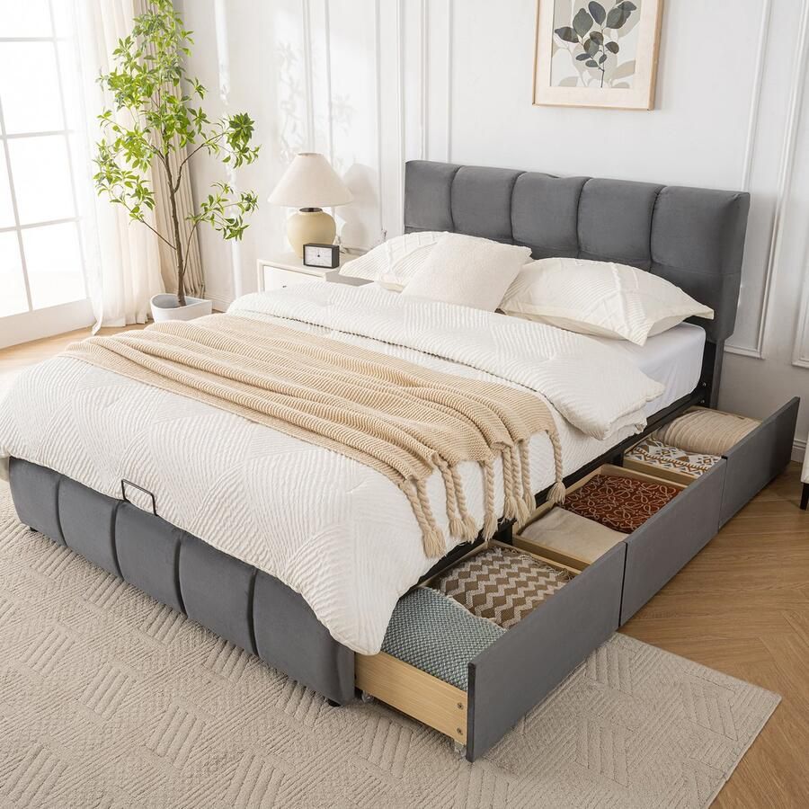 Merax Gestoffeerd bed Tweepersoonsbed Drie lades Verstelbaar hoofdeinde 3 oplaadpoorten met opbergruimte grijs 140x200cm zonder matras