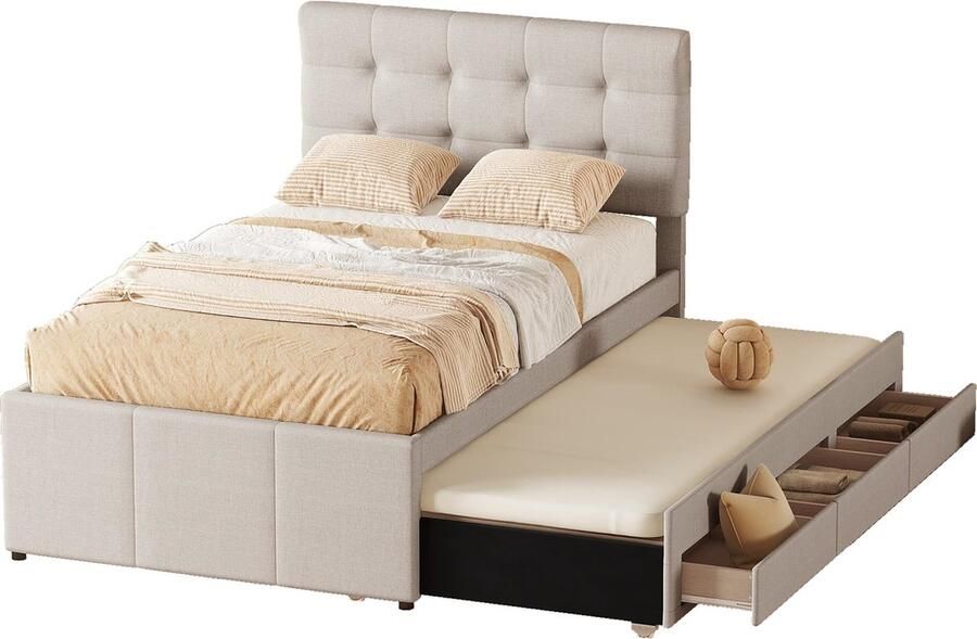 Merax gestoffeerd bed Tweepersoonsbed Familiebed Ehebett met Drie Laden Uittrekbaar Bed Verstelbaar Hoofddeksel Beige 90x200 cm (90x190 cm)