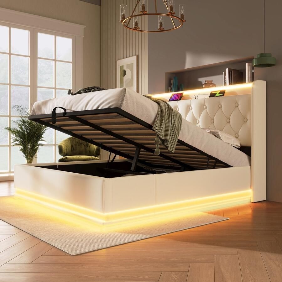 Merax Gestoffeerd bed tweepersoonsbed met LED-licht afstandsbediening 140x200 cm met opbergruimte met USB Type-C opladen wit zonder matras