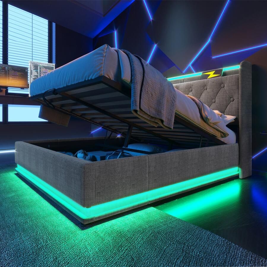 Merax Gestoffeerd bed tweepersoonsbed met LED-licht afstandsbediening 140x200 cm met opbergruimte met USB Type-C opladen grijs zonder matras