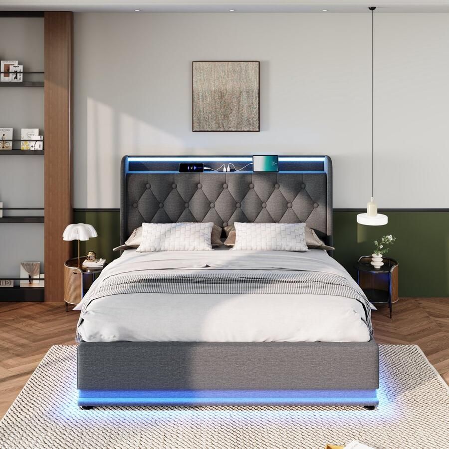 Merax Gestoffeerd bed tweepersoonsbed met LED-licht afstandsbediening 160x200 cm met opbergruimte met USB Type-C opladen grijs zonder matras