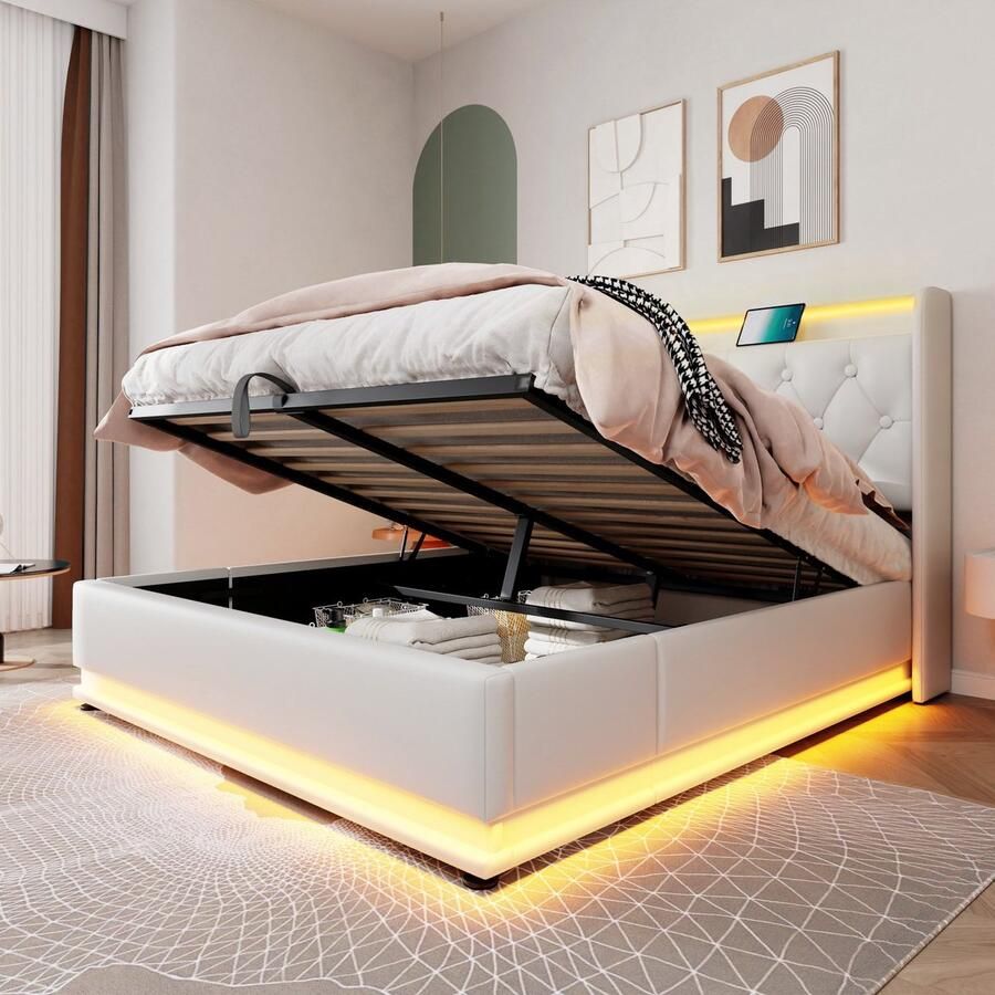 Merax Gestoffeerd bed tweepersoonsbed met LED-verlichting afstandsbediening 160x200 cm met opbergruimte met USB Type-C opladen wit zonder matras