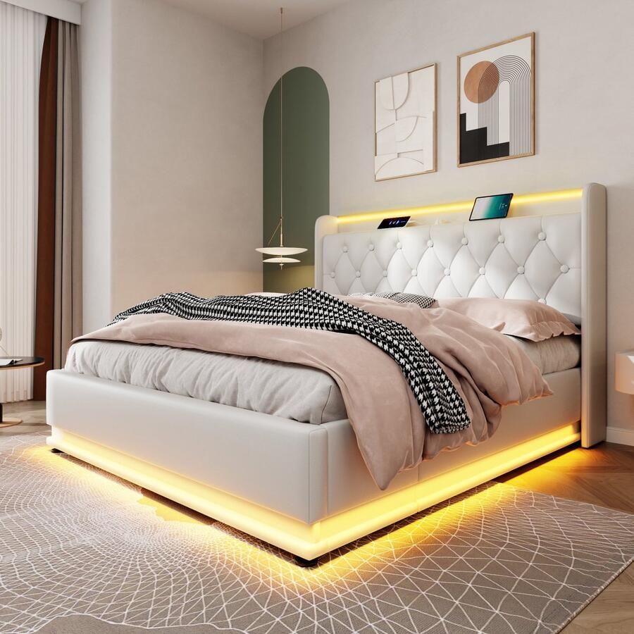 Merax Gestoffeerd bed tweepersoonsbed met LED-verlichting afstandsbediening 180x200 cm met opbergruimte met USB Type-C opladen wit zonder matras
