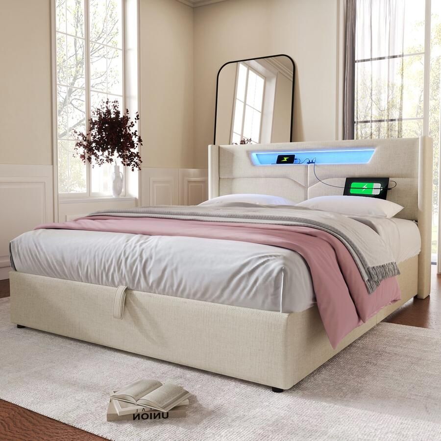 Merax Gestoffeerd bed tweepersoonsbed met opbergruimte gestoffeerd bed met LED-verlichting USB-oplaadfunctie en opbergbedframe linnen zonder matras beige 160 x 200 cm