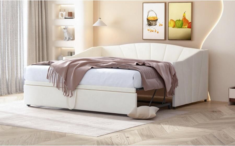 Merax Gestoffeerd bed uitschuifbare slaapbank 90 180*200 cm met lattenbodem multifunctioneel bed van huidvriendelijke fluwelen stof white