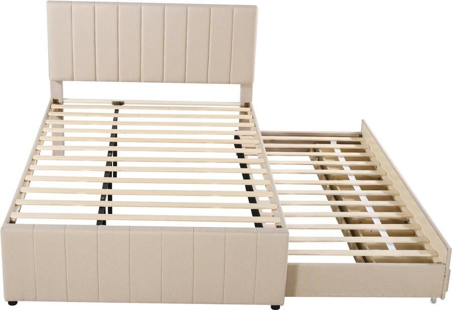 Merax Gestoffeerd bed van 140 x 200 cm met uitschuifbaar bed en lades tweepersoonsbed kinderbed tienerbed beige zonder matras