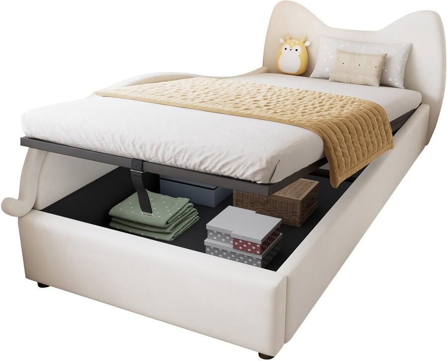 Merax Gestoffeerd Bed voor Kinderen Eenpersoonsbed 90x200 cm Katten Design Bed met Hydraulische Opbergruimte en Greepbanden Fluweel Beige Inclusief Houten Lattenbodem