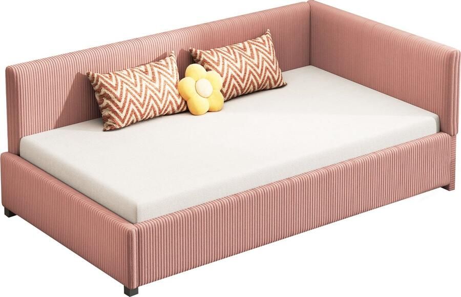 Merax Gestoffeerd Bedbank 90x200 cm Multifunctioneel Bed van Zacht en Huidvriendelijk Fluweel Roze