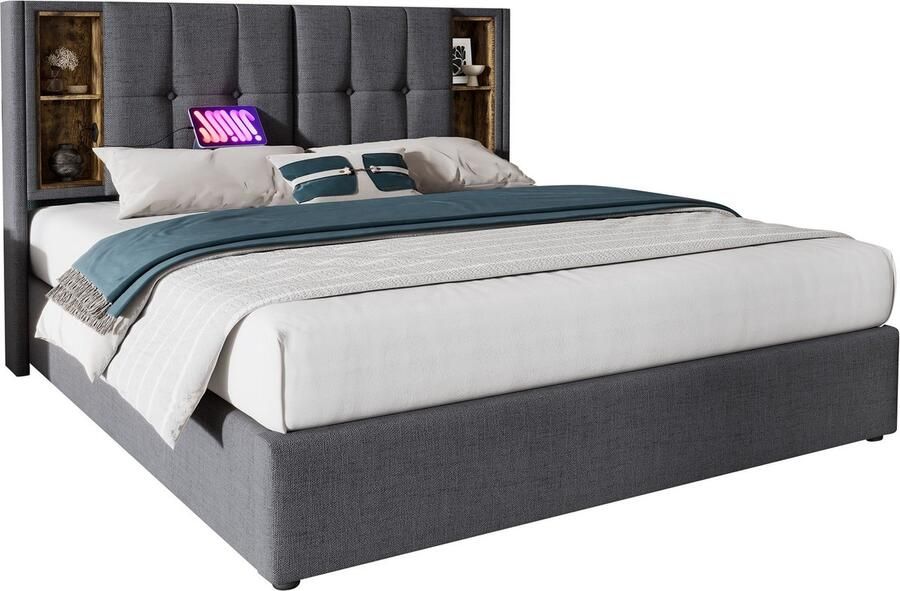 Merax Gestoffeerd Tweepersoonsbed 140x200 cm – Grijs – Bedframe met Draadloos Opladen en USB-C – Hydraulisch Lattenbodem met Opbergruimte – Zonder Matras - Foto 2