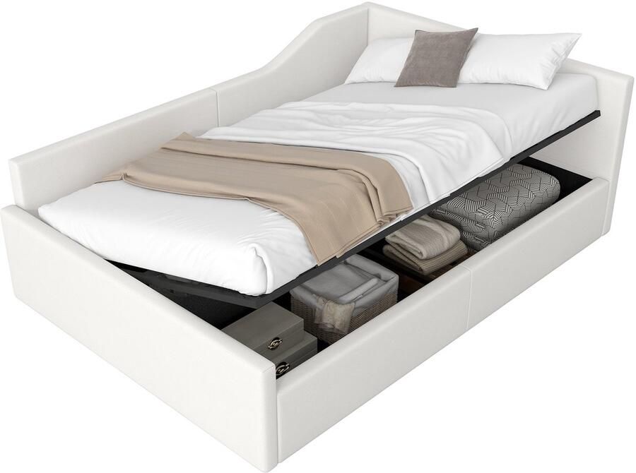 Merax Gestoffeerd Dagbed 140x200 cm Beige Bed met Opbergruimte Comfortabel Linnen Bed met Houten Frame Modern Slaapbank Design