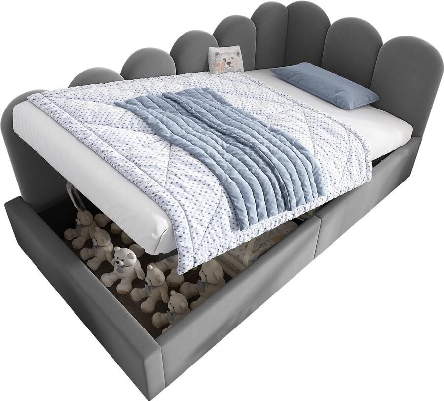 Merax Gestoffeerd Daybed 90x190 cm – Slaapbank met Hydraulische Opbergruimte Kinderbed met Metalen Lattenbodem Fluwelen Bekleding Grijs Zonder Matras