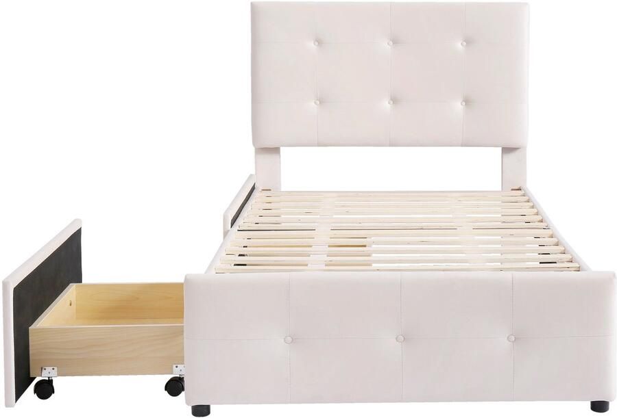 Merax Gestoffeerd Eenpersoonsbed 90x200 cm Bed met Rugleuning en 2 Opbergladen Beige