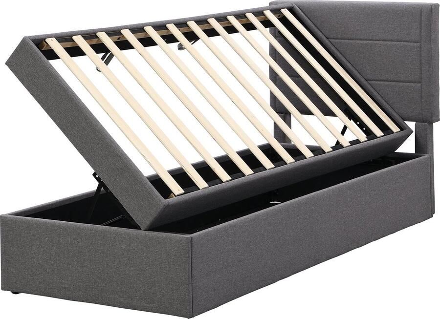 Merax Gestoffeerd Eenpersoonsbed 90x200 cm Bed met Metalen Lattenbodem en Grote Hydraulische Opbergruimte Grijs