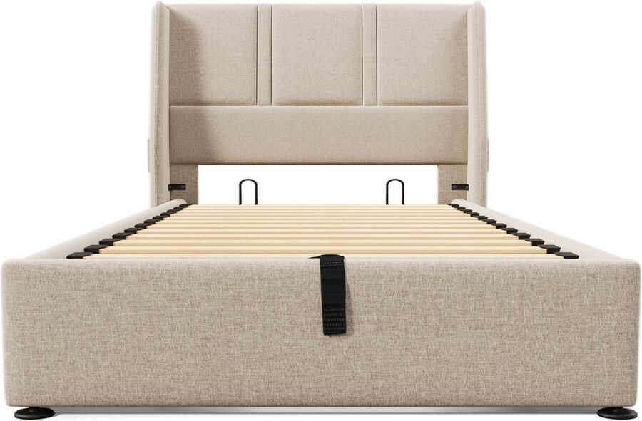 Merax Gestoffeerd Eenpersoonsbed met Opbergvak met USB Type-C Oplaadpoorten Zijvak en Hydraulisch Systeem Eenpersoonsbed 90x200 cm met Metalen Lattenbodem Beige Linnen Inclusief Matras