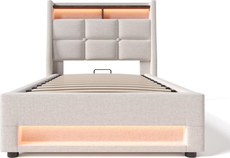 Merax Eenpersoonsbed 90x200 cm met Matras en LED-verlichting Bedframe met USB-aansluiting en Hydraulisch Opbergruimte – Gestoffeerd Bed met Lattenbodem – Beige - Foto 2