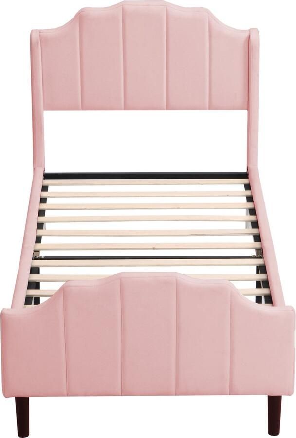 Merax Gestoffeerd Eenpersoonsbed 90x200 cm Kinderbed Bedframe met Hoofdbord Fluwelen Bed voor Kinderen Roze