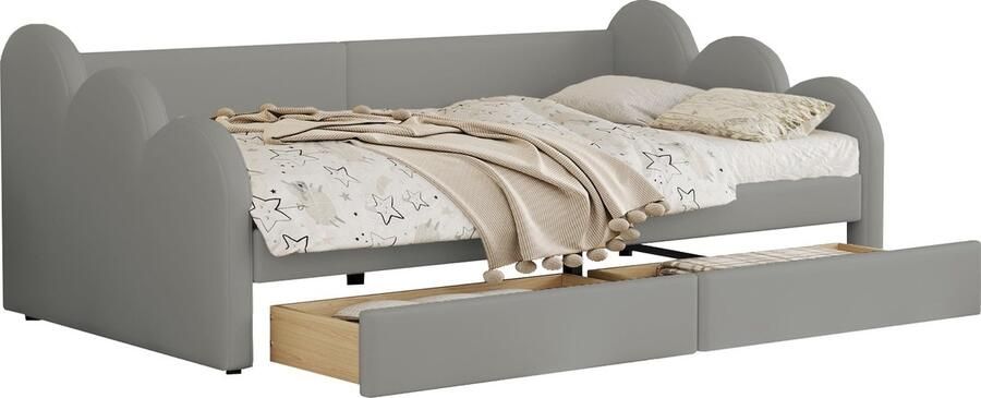 Merax Gestoffeerd Eenpersoonsbed 90x200 cm Luxe Kunstleer Slaapbank met 2 Opberglades Multifunctioneel Bed met Rugleuning en Armleuningen Kinderbed Grijs