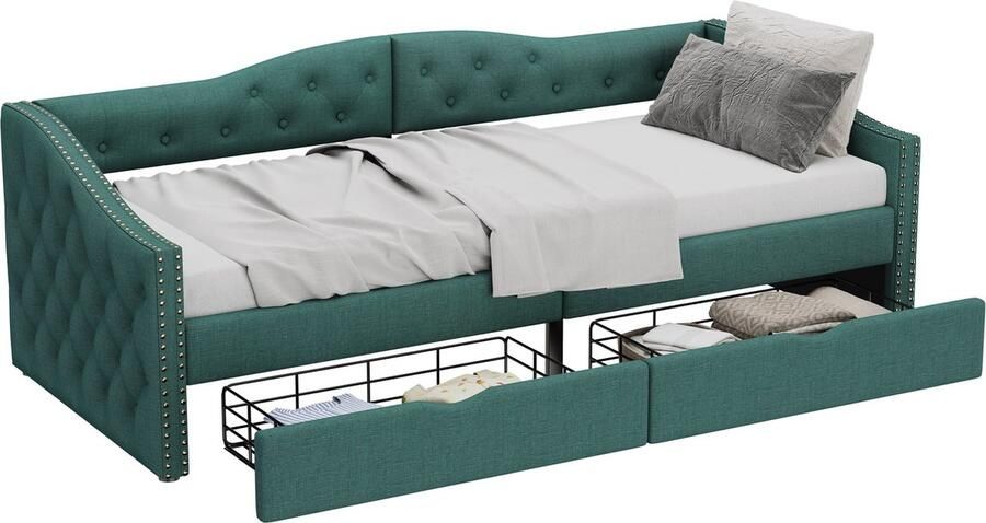 Merax Gestoffeerd Eenpersoonsbed 90x200 cm Luxe Slaapbank met 2 Opberglades Groen