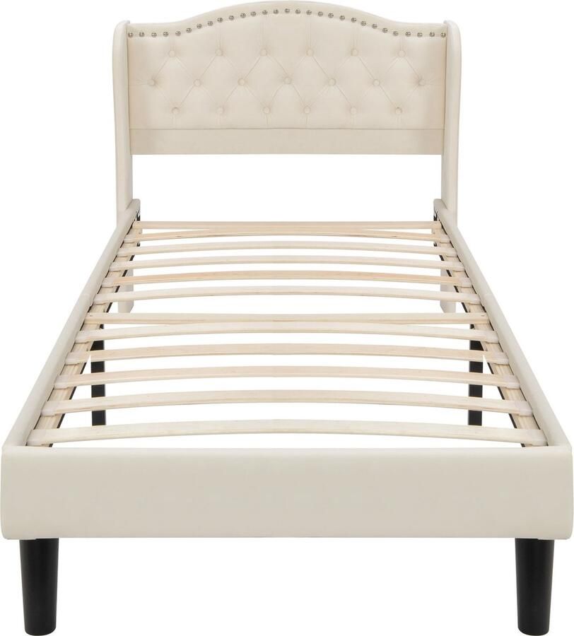 Merax Gestoffeerd Eenpersoonsbed 90x200 cm Luxe Velvet Bed met Knopen Decoratie Beige