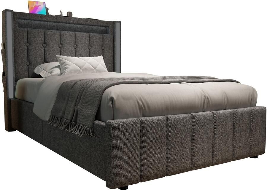 Merax Polsterbett USB Typ C Ladefunktion LED-Beleuchtung und 2 Schubladen Jugendbetten 90x200cm Einzelbett Stauraumbetten Bettgestell Lattenrost aus Holz Grau (Ohne Matratze) - Foto 2