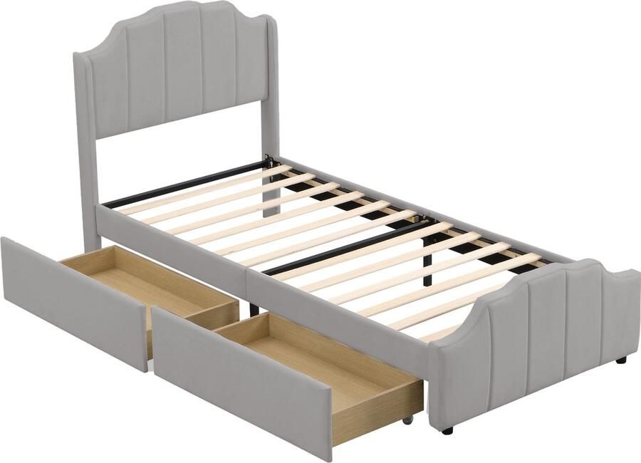 Merax Gestoffeerd Eenpersoonsbed 90x200 cm met 2 Opberglades Luxe Bed met Hoofdbord en Voetbord Grijs Fluweel