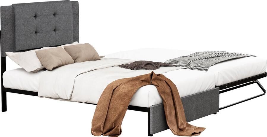 Merax Gestoffeerd Eenpersoonsbed 90x200 cm met extra Uitschuifbaar Bed 90x190 cm Logeerbed Grijs