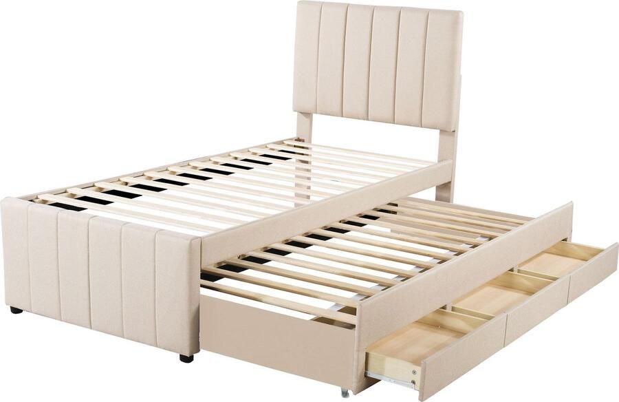 Merax Gestoffeerd Eenpersoonsbed 90x200 cm met Extra Uitschuifbaar Bed en Opbergruimte Bedframe met Lade Beige