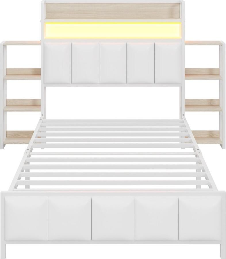 Merax Gestoffeerd Eenpersoonsbed 90x200 cm met Hoofdbord en Opbergruimte Luxe Bed met LED Verlichting Kinderbed en Jeugdbed Wit Kunstleer
