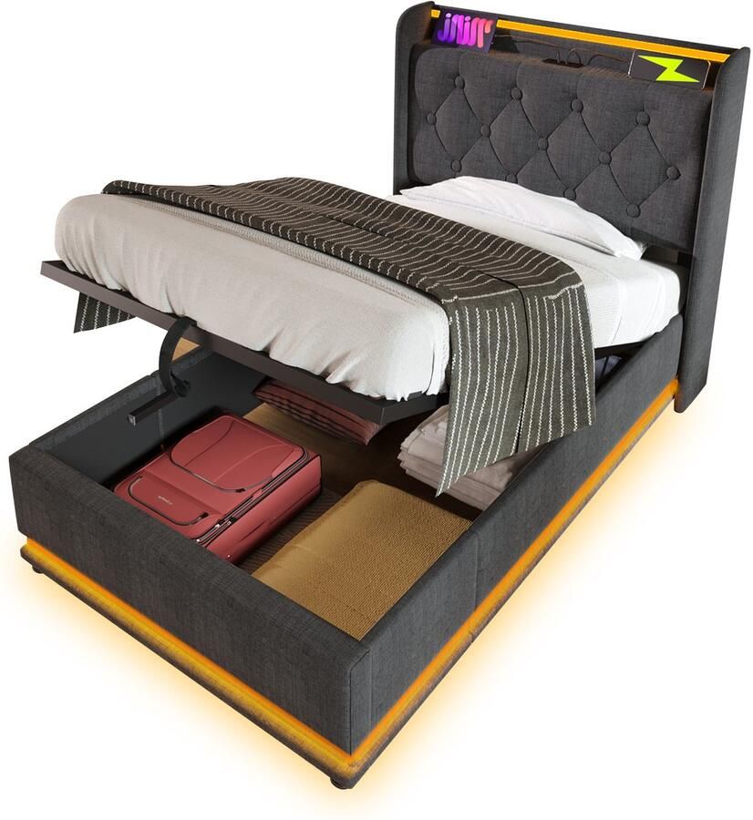 Merax Gestoffeerd Eenpersoonsbed 90x200 cm met Hydraulisch Opbergruimte en 360 Graden LED Verlichting Bed met USB-C Grijs Linnen