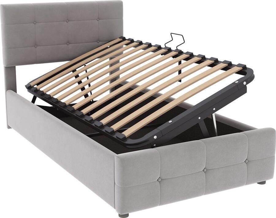 Merax Gestoffeerd Kinderbed 90x200 cm Velvet Eenpersoonsbed Hydraulisch Opbergruimte Bed met Verstelbaar Hoofdbord Grijs