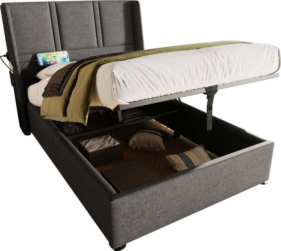 Merax Gestoffeerd Eenpersoonsbed 90x200 cm met Hydraulische Opbergruimte Luxe Bed met USB Type-C Aansluiting en Zijvak Grijs