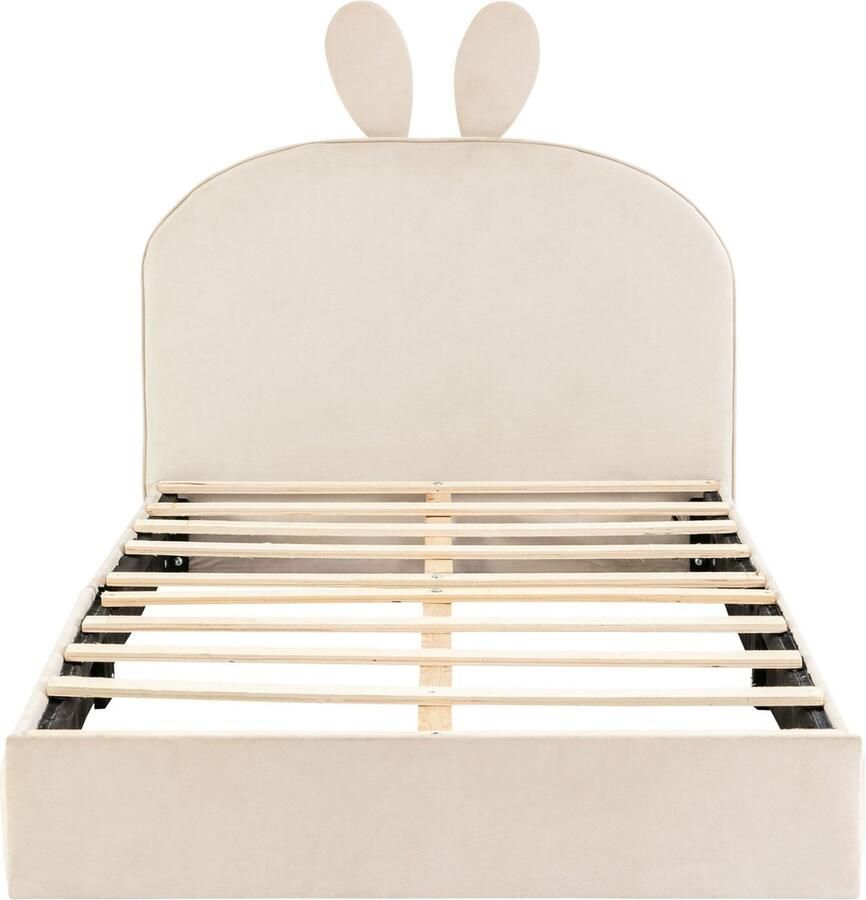 Merax Gestoffeerd Eenpersoonsbed 90x200 cm met Konijnen Oren Hoofdbord Kinderbed met Houten Lattenbodem Fluwelen Bed Beige