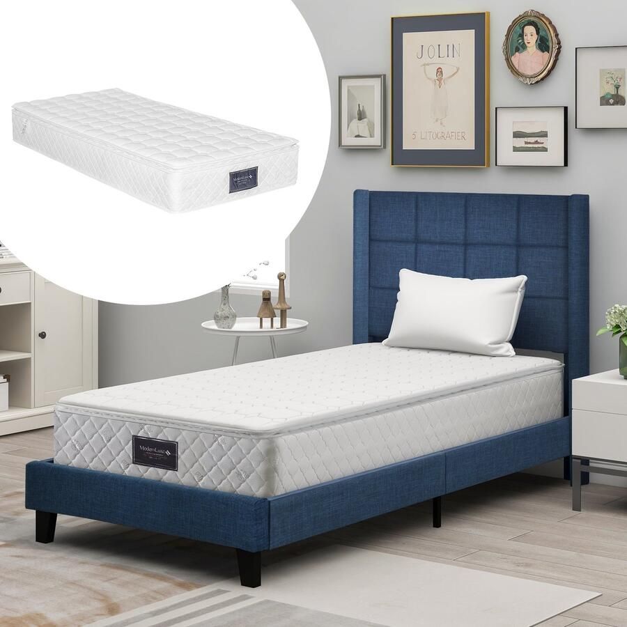 Merax Gestoffeerd Eenspersoonsbed met Gestoffeerd Hoofdbord Bed 90x200cm Blauwe Linnen Stoffering Inclusief Lattenbodem en Veer Matras Middelharde Stevigheid