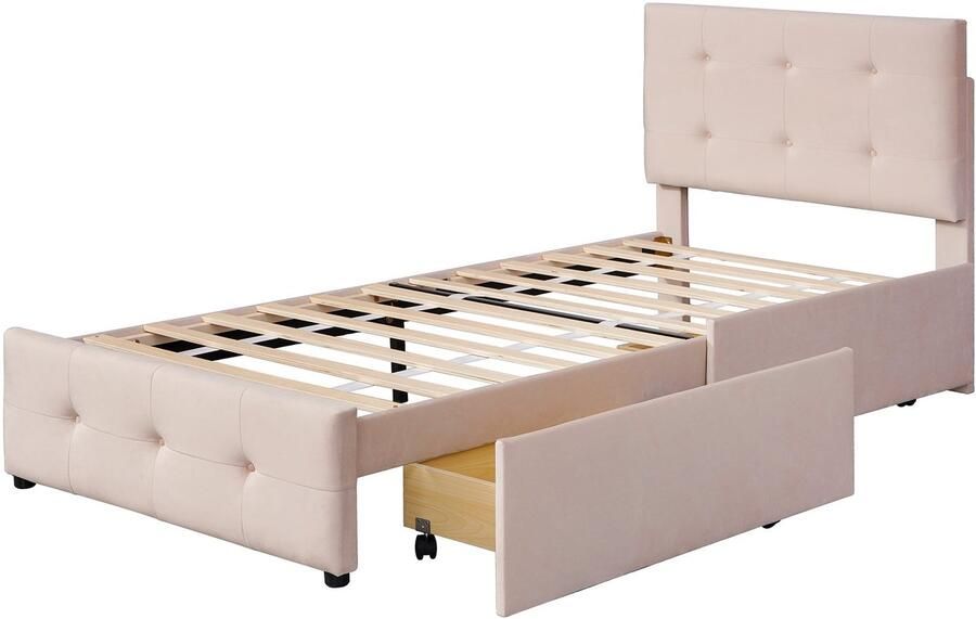 Merax Gestoffeerd Eenpersoonsbed 90x200 cm met Lades Bed met Lattenbodem en Hoofdbord Beige