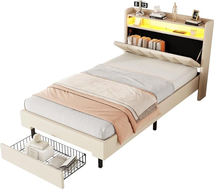 Merax Gestoffeerd Eenpersoonsbed 90x200 cm met LED-Verlichting en USB Aansluiting Luxe Bed met Opslag in Hoofdbord en Opberglade onder het Bedframe Beige