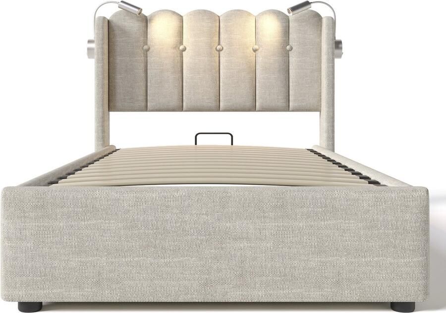 Merax Gestoffeerd Eenpersoonsbed 90x200 cm met Leeslamp USB Oplaadfunctie en Opbergruimte Beige Linnen Inclusief Matras Verstelbaar Hoofdbord en Lattenbodem - Foto 2