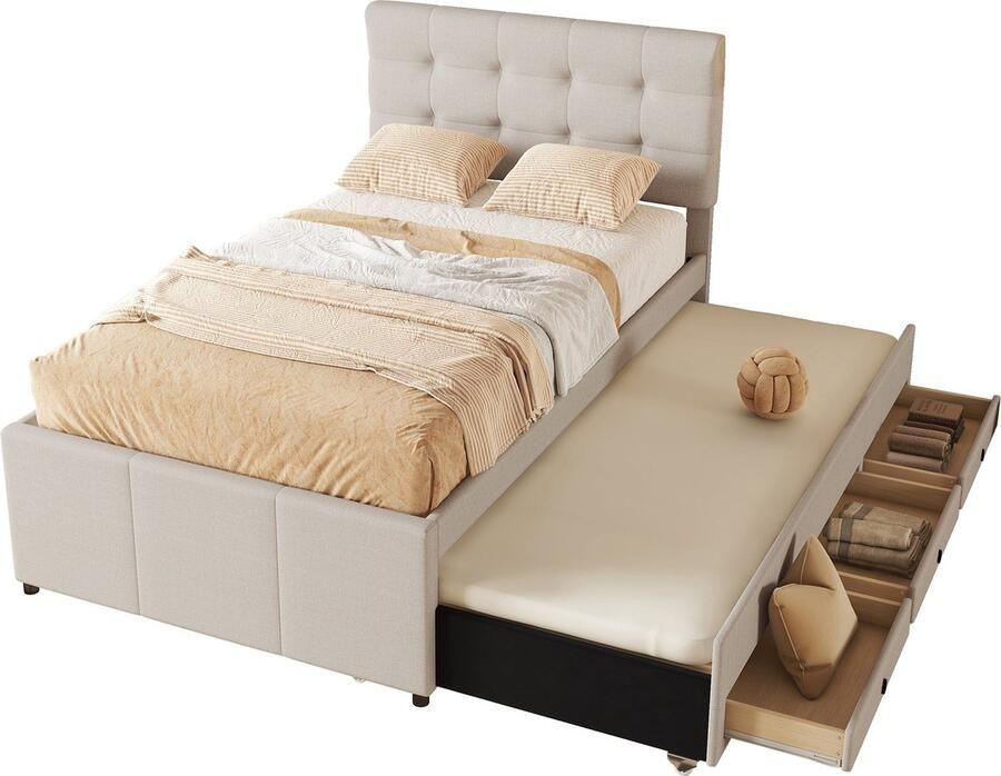 Merax Gestoffeerd Bed 90x200 cm Inclusief Uitschuifbaar Logeerbed 3 Opberglades en Verstelbaar Hoofdbord Beige Zonder Matras