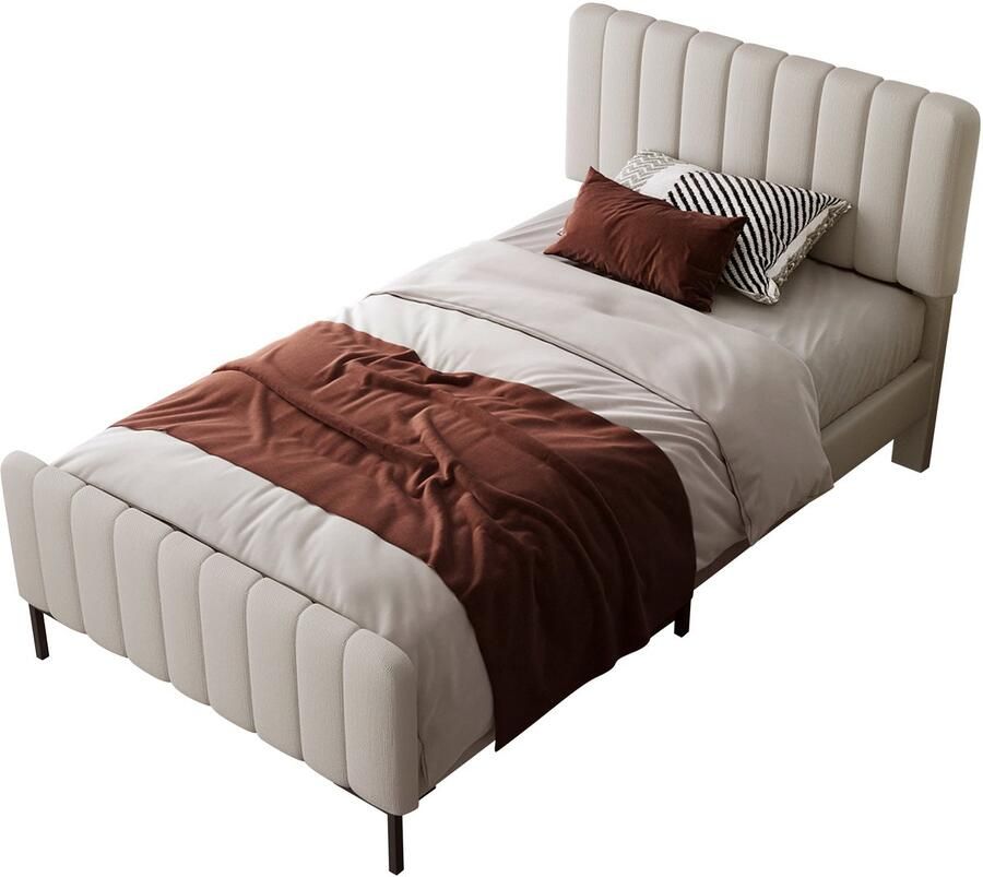 Merax Gestoffeerd Bed 90x200 cm Met Verstelbaar Hoofdbord en Houten Lattenbodem Grijs-Beige Bedframe voor Slaapkamer of Logeerkamer