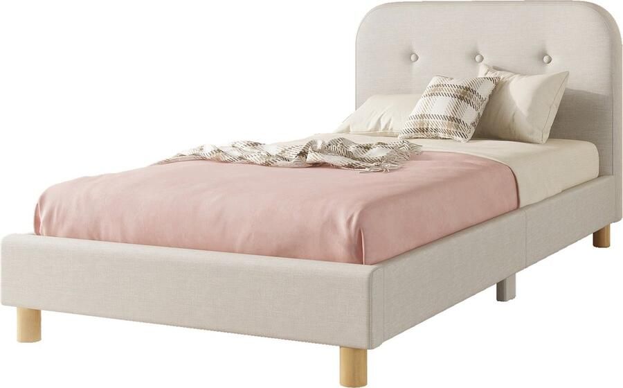 Merax Polsterbed 90x200 cm Minimalistisch Eenpersoonsbed in Beige (Zonder Matras)