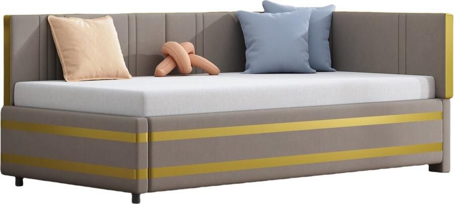 Merax Gestoffeerd Eenpersoonsbed 90x200 cm Multifunctioneel Bed met Lattenbodem Slaapbank in Fluwelen Stof Grijs